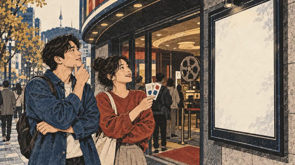 Adults anticipating a film outside a Korean cinema.