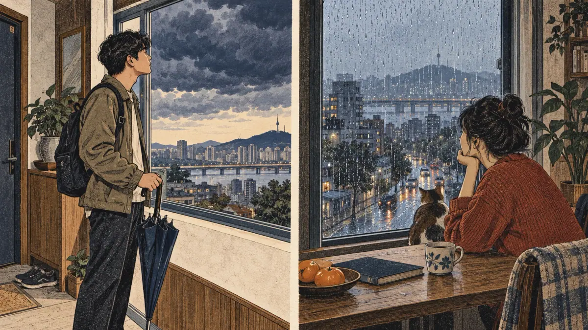 Two scenes contrast anticipating rain with hearing rain already falling.