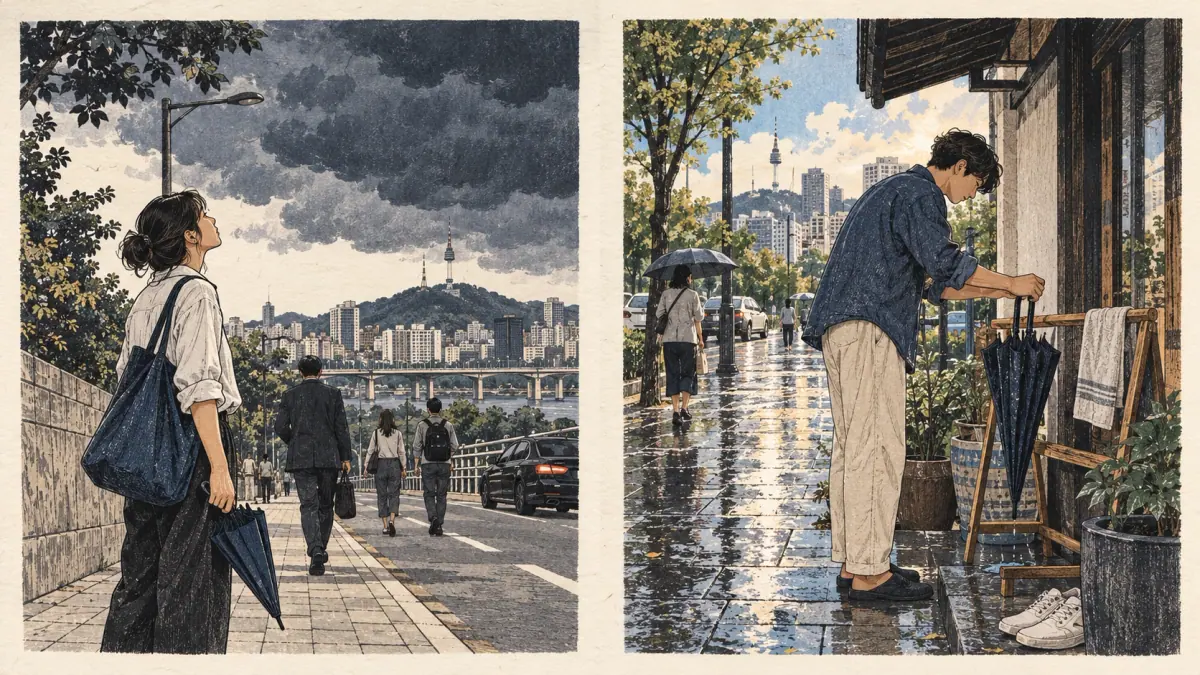 Rain expected and rain already finished shown through a dry street and wet pavement.