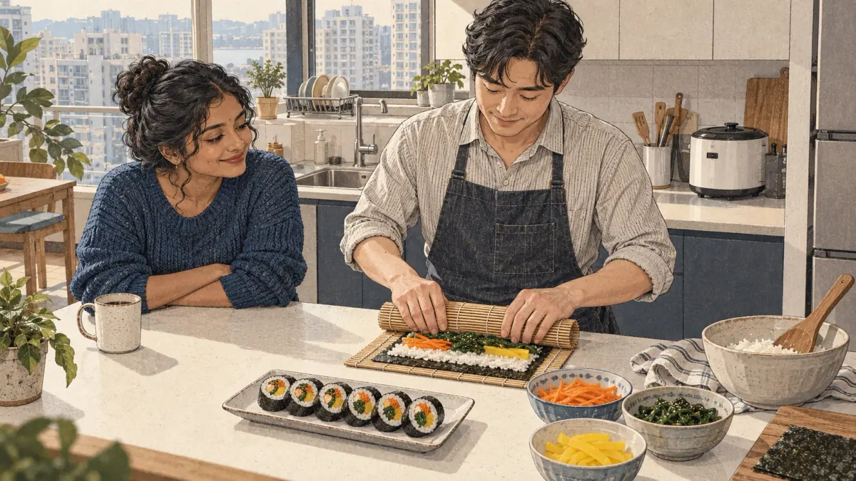 An adult confidently rolls gimbap while a friend watches in a Seoul apartment kitchen.
