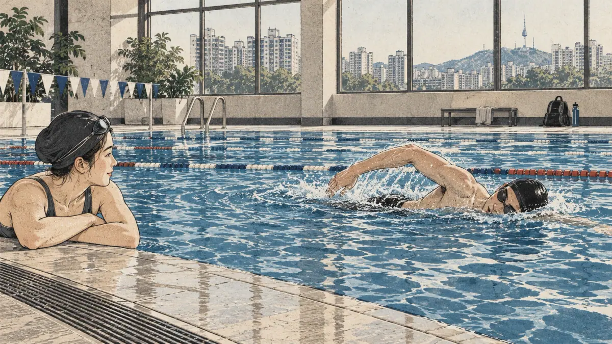 Adult learners at a Seoul pool show ability and the chance to learn.