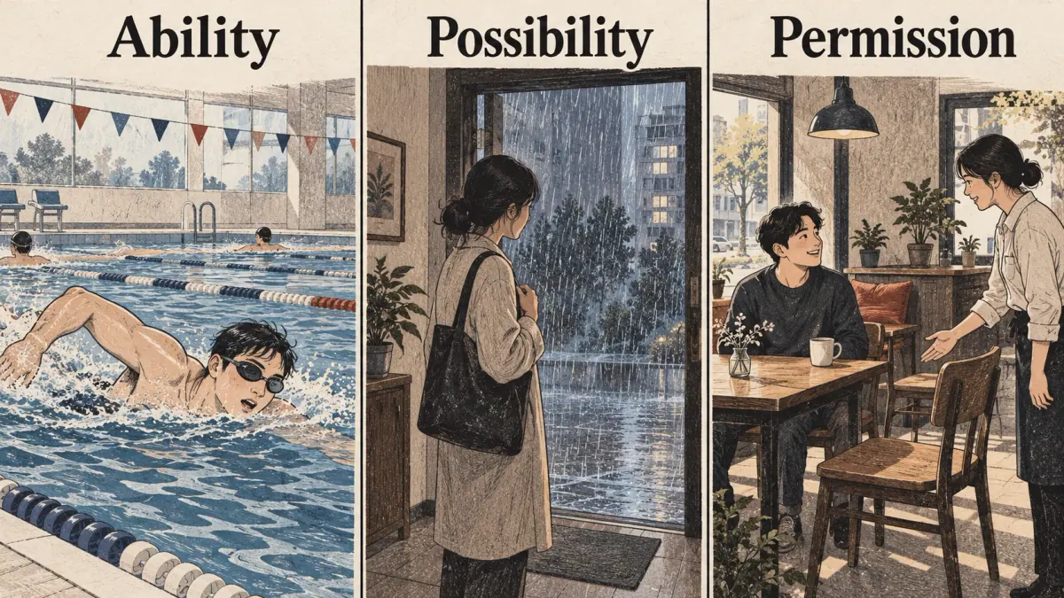 Three scenes show swimming ability, rain limiting a trip, and permission to sit.