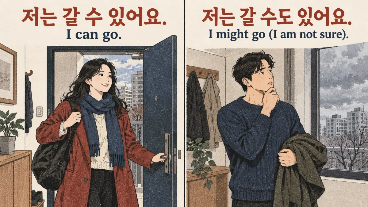 저는 갈 수 있어요. means I can go; 저는 갈 수도 있어요. means I might go.