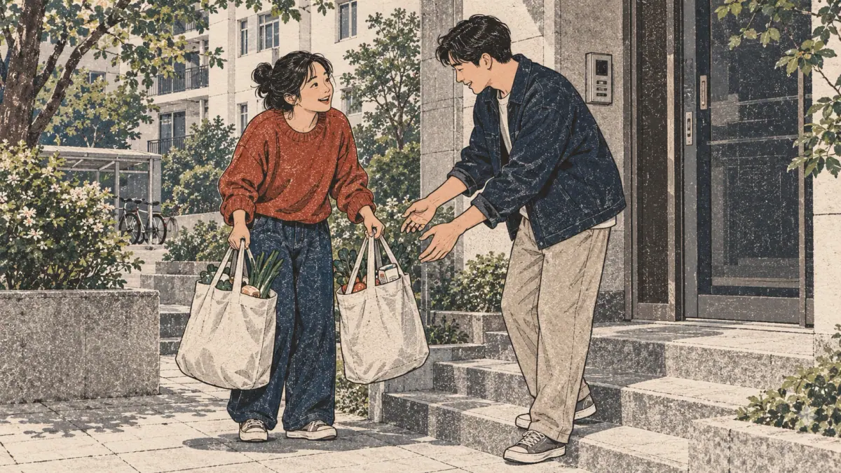 A neighbour responds to a polite request for help carrying groceries.