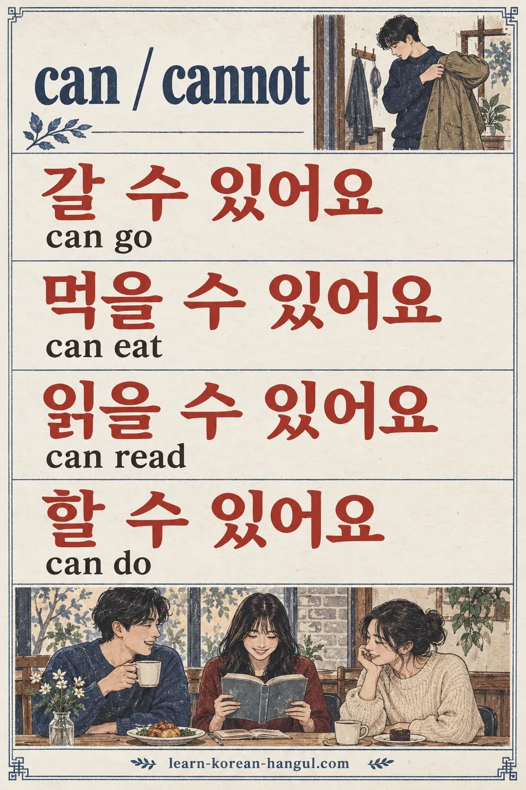 갈 수 있어요, 먹을 수 있어요, 읽을 수 있어요 and 할 수 있어요 show can go, eat, read and do.