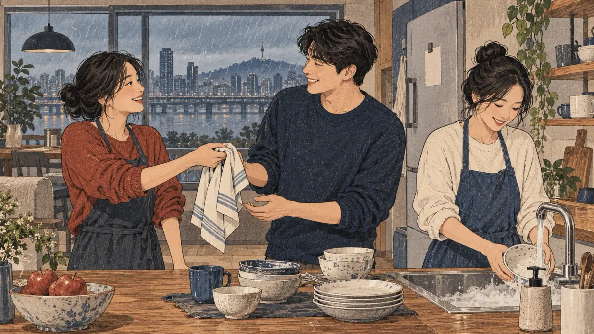 Friends offer to help wash dishes in a Seoul apartment.