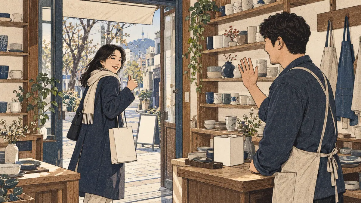 A customer promises to return while saying goodbye to a Seoul shopkeeper.