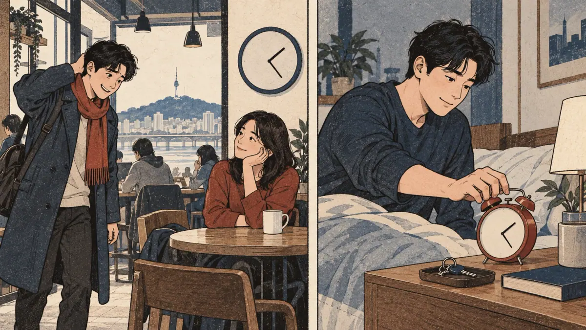 A late friend makes a promise and prepares an alarm to arrive on time next time.