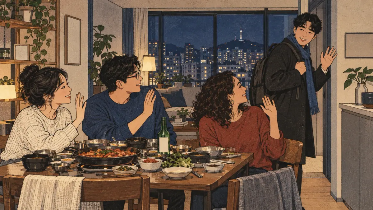 A diner politely announces departure while friends remain at the dinner table.