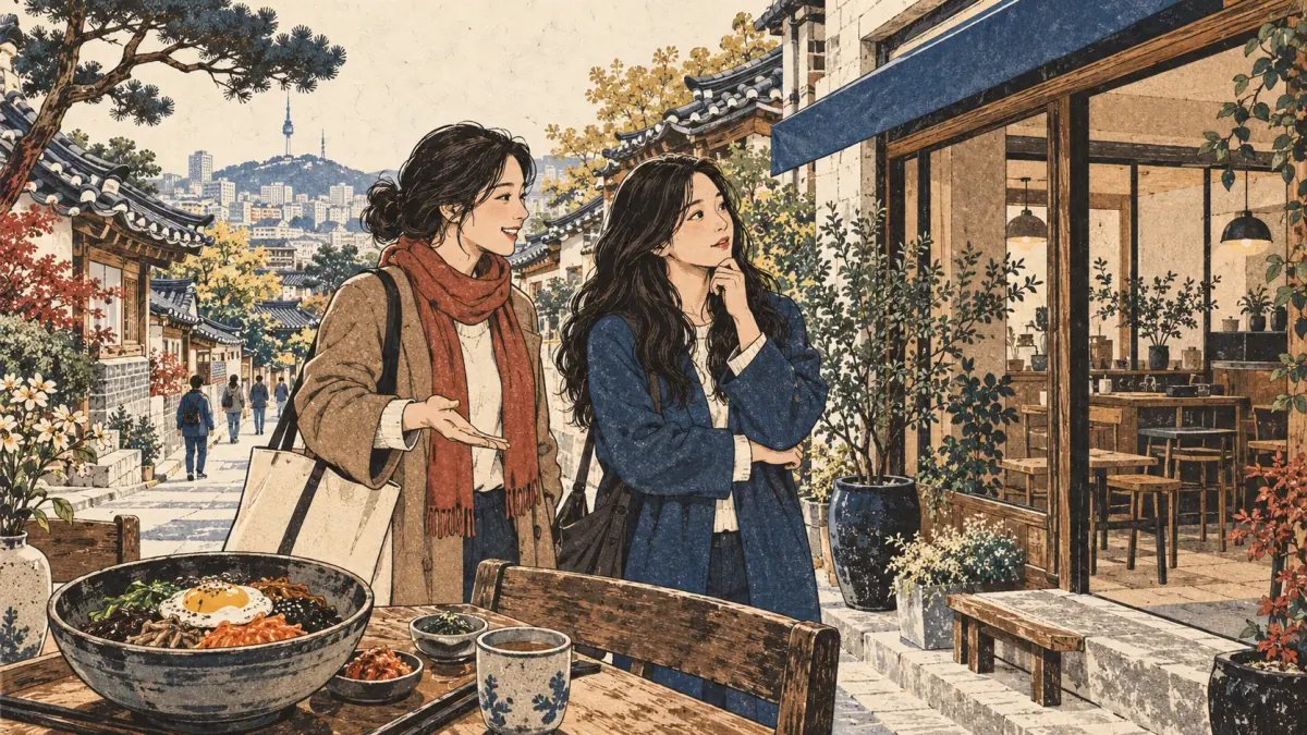 Two friends consider a café for lunch on a Seoul street.