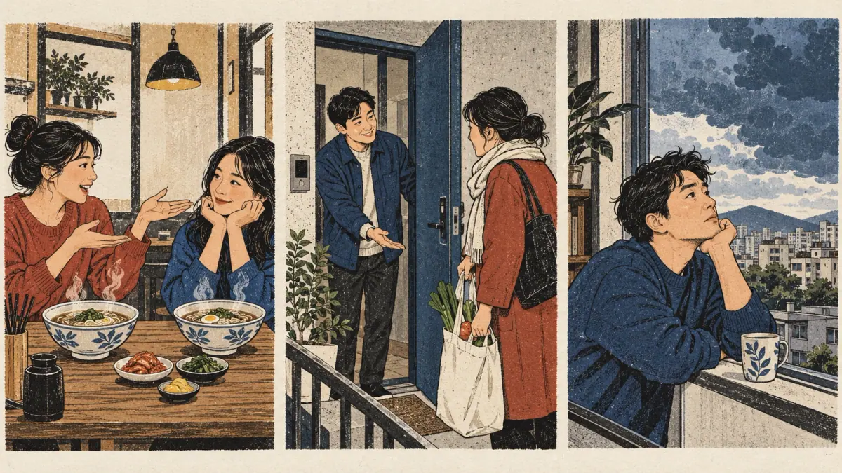 Three scenes show a lunch suggestion, an offer to open a door, and wondering about rain.
