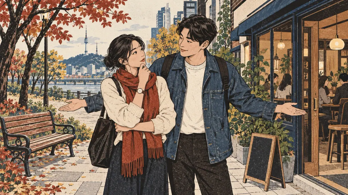 Two friends compare a café and a park bench as places to meet.