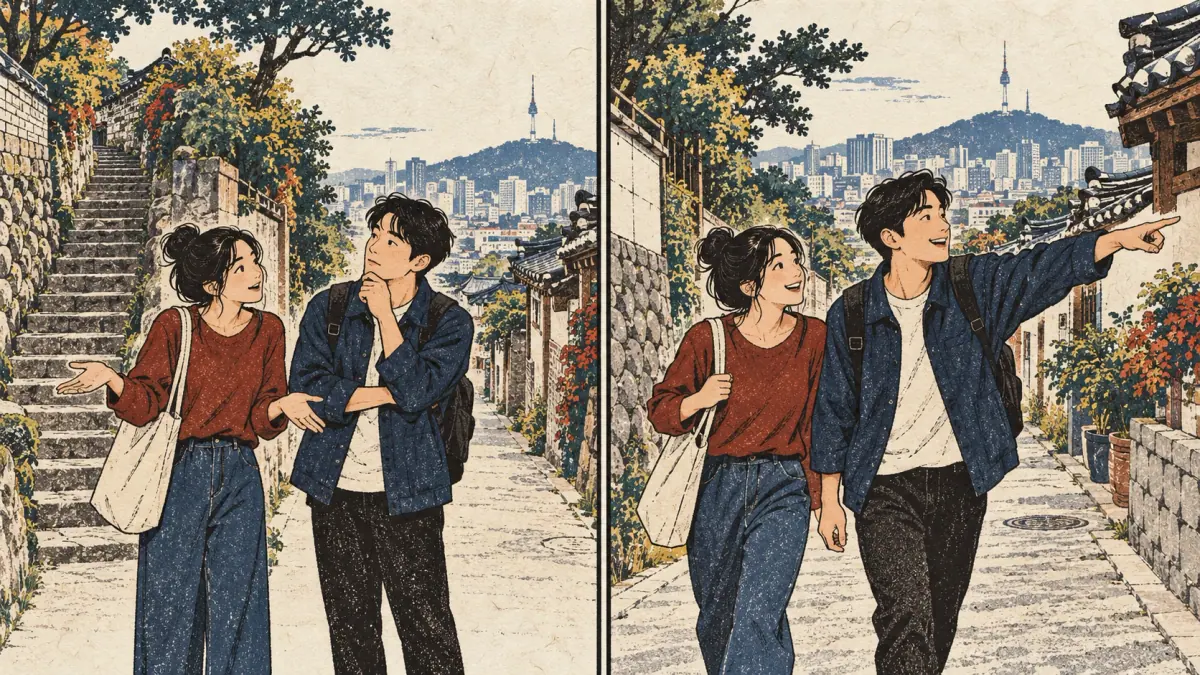 Two scenes contrast asking a friend's opinion with announcing a chosen route.