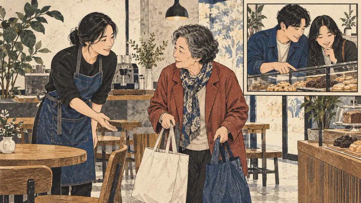 Café staff courteously offer help to an older patron; an inset shows friends choosing snacks.