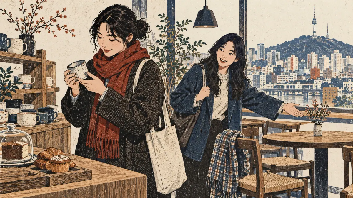 Two friends choose coffee and invite each other to sit in a Seoul café.