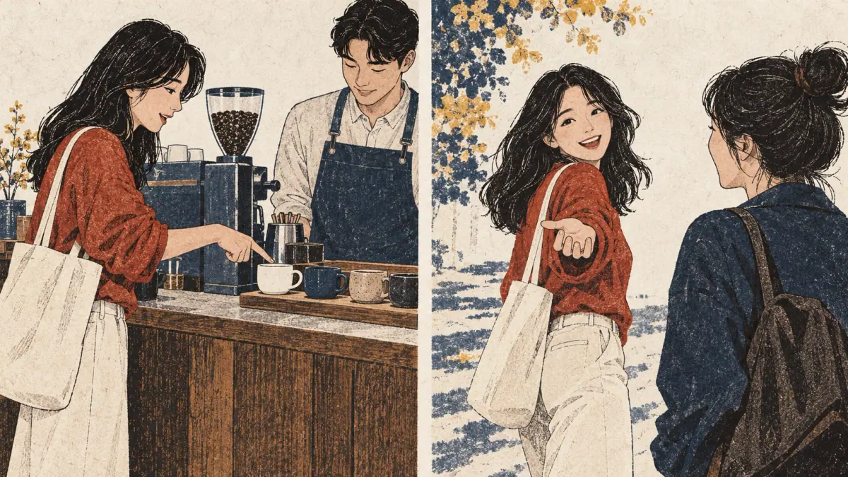 Two panels show a customer choosing coffee and inviting a friend to walk.