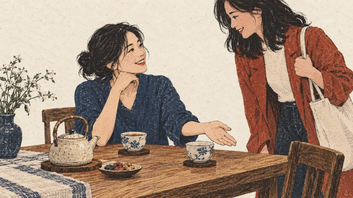 A woman invites a friend to drink tea at a wooden apartment table.