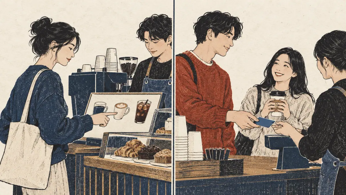 Two scenes contrast choosing your own coffee and offering to pay for a friend.