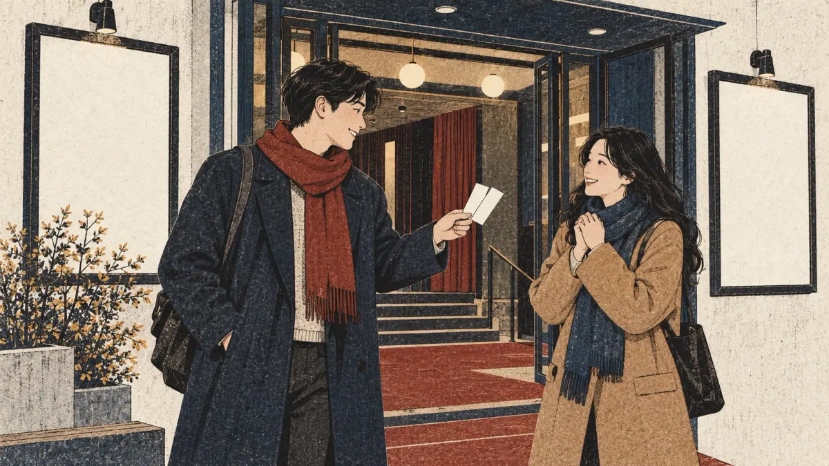 Two friends invite each other to watch a film with blank tickets at a Seoul cinema.