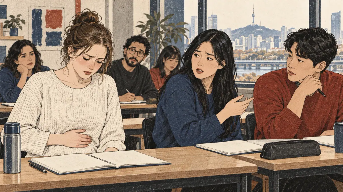 A learner notices a pale classmate holding her stomach and infers she seems sick.
