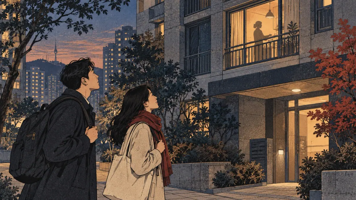 Two adults see a lit apartment window and infer that someone is at home.