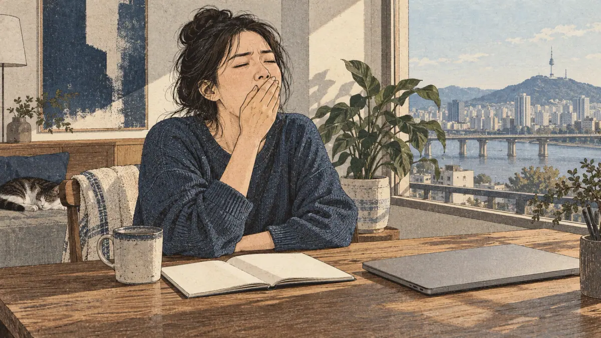 A yawning adult learner notices their own tiredness while studying.