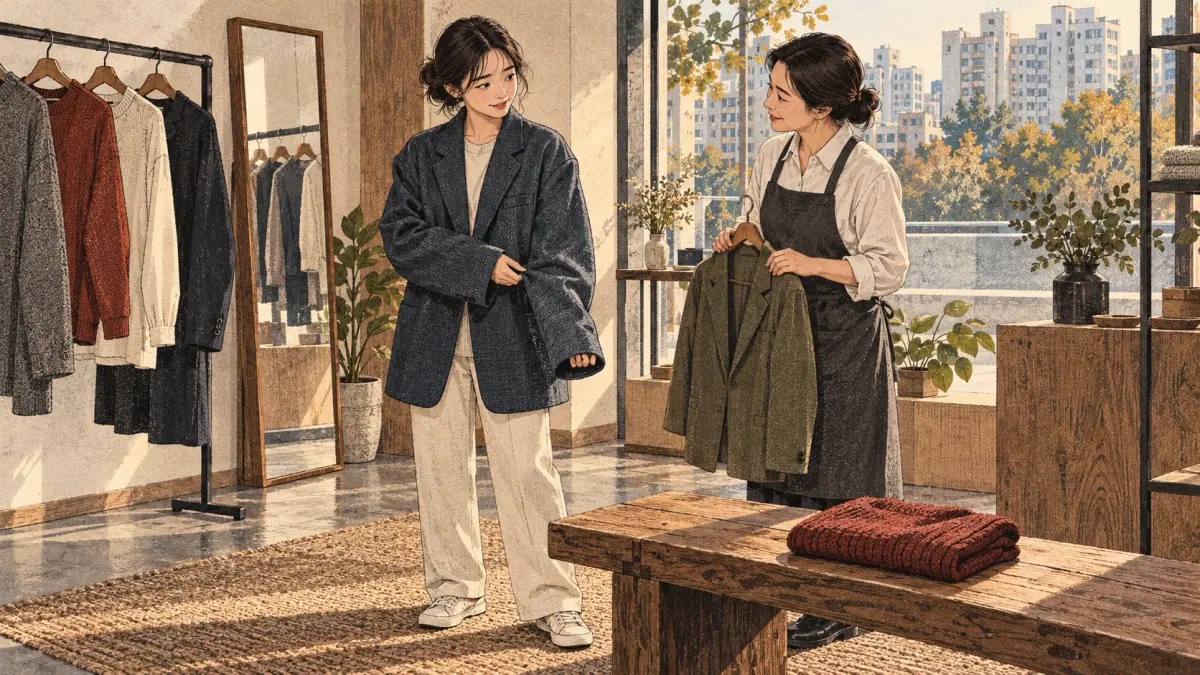 A customer gently indicates an oversized jacket to a shop assistant, illustrating -(으)ㄴ/는데요 (eun/neun-deyo).