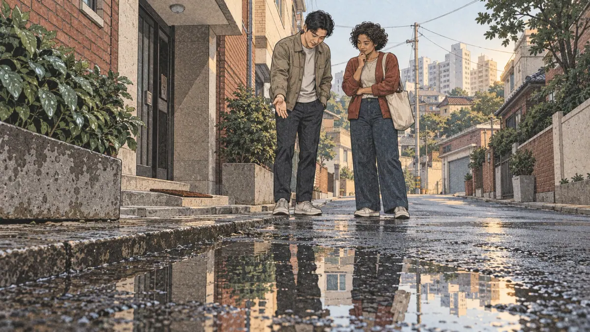 Two friends infer that it rained from wet Seoul pavement, illustrating -(으)ㄴ/는 것 같다 (eun neun geot gatda).
