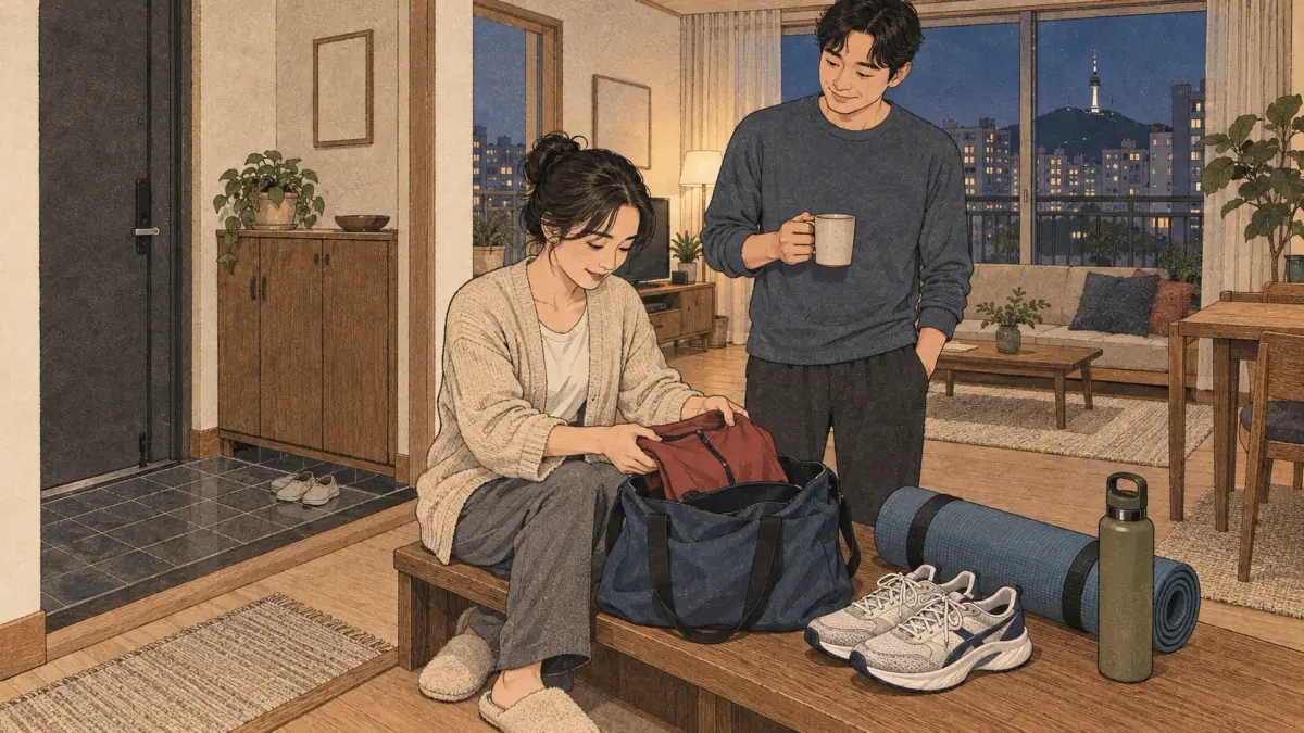 An adult prepares running shoes and exercise clothing in a Seoul apartment, illustrating -(으)려고 하다 (euryeogo hada).