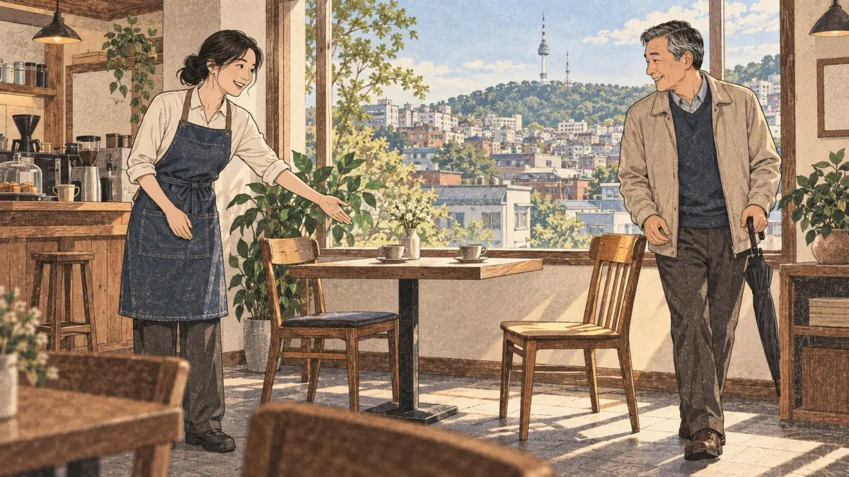 A café host politely invites an older visitor to sit at a window table in Seoul.