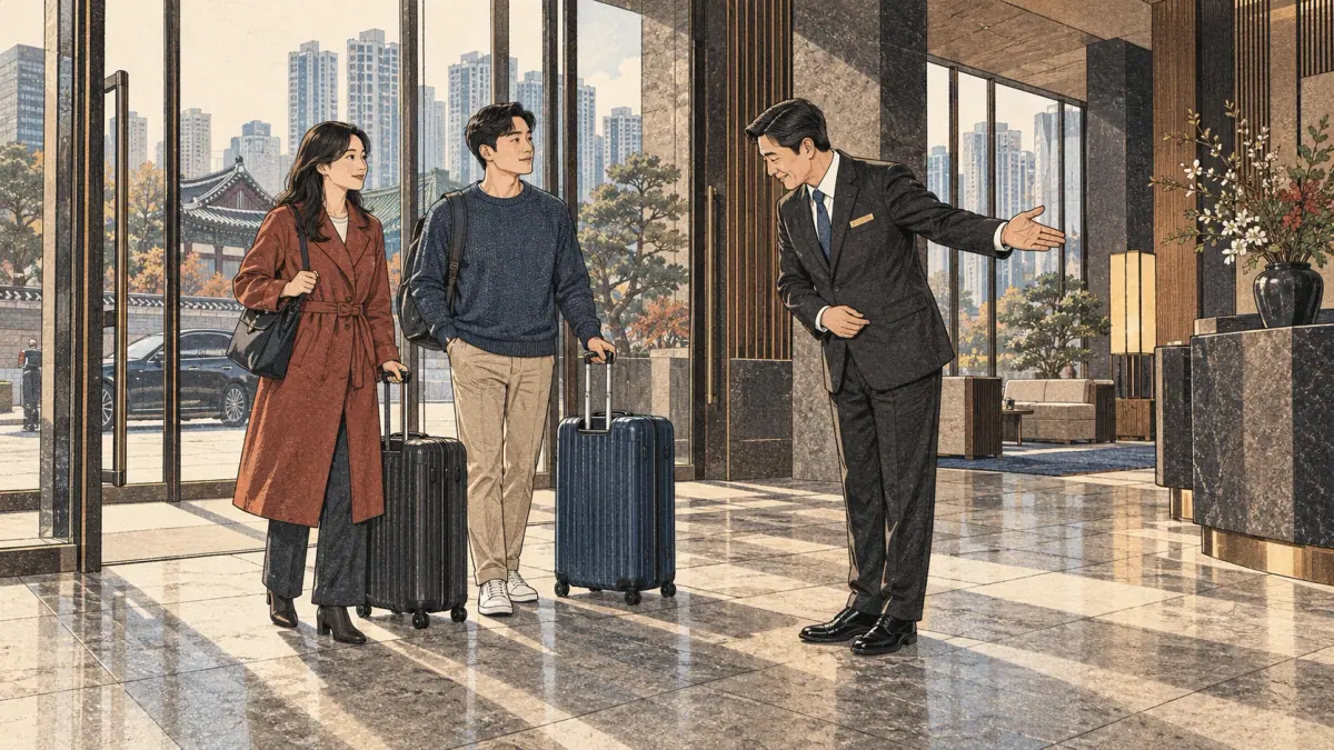 A uniformed hotel staff member formally welcomes two guests into a Seoul hotel lobby.