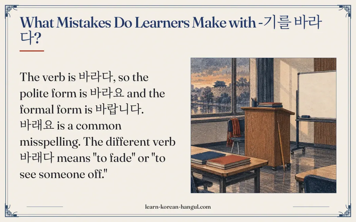 What mistakes do learners make with -기를 바라다?