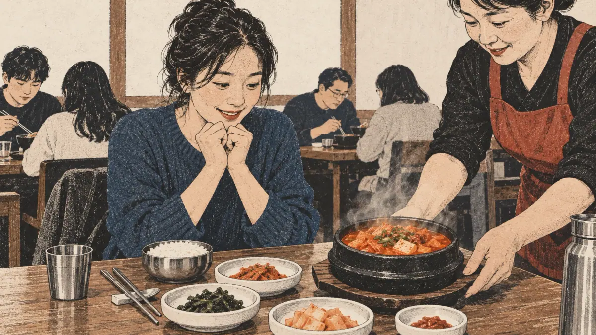A learner eagerly awaits a bowl of kimchi stew.