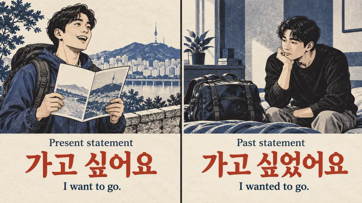 Present 가고 싶어요 and past 가고 싶었어요 beside a traveler and a remembered wish.