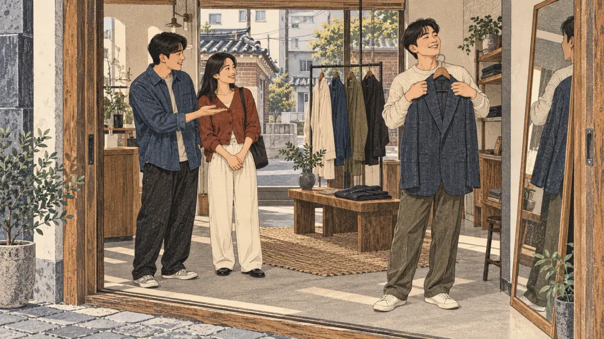 A man admires a new jacket in a Seoul clothing shop while his younger sibling tells a companion about his wish.