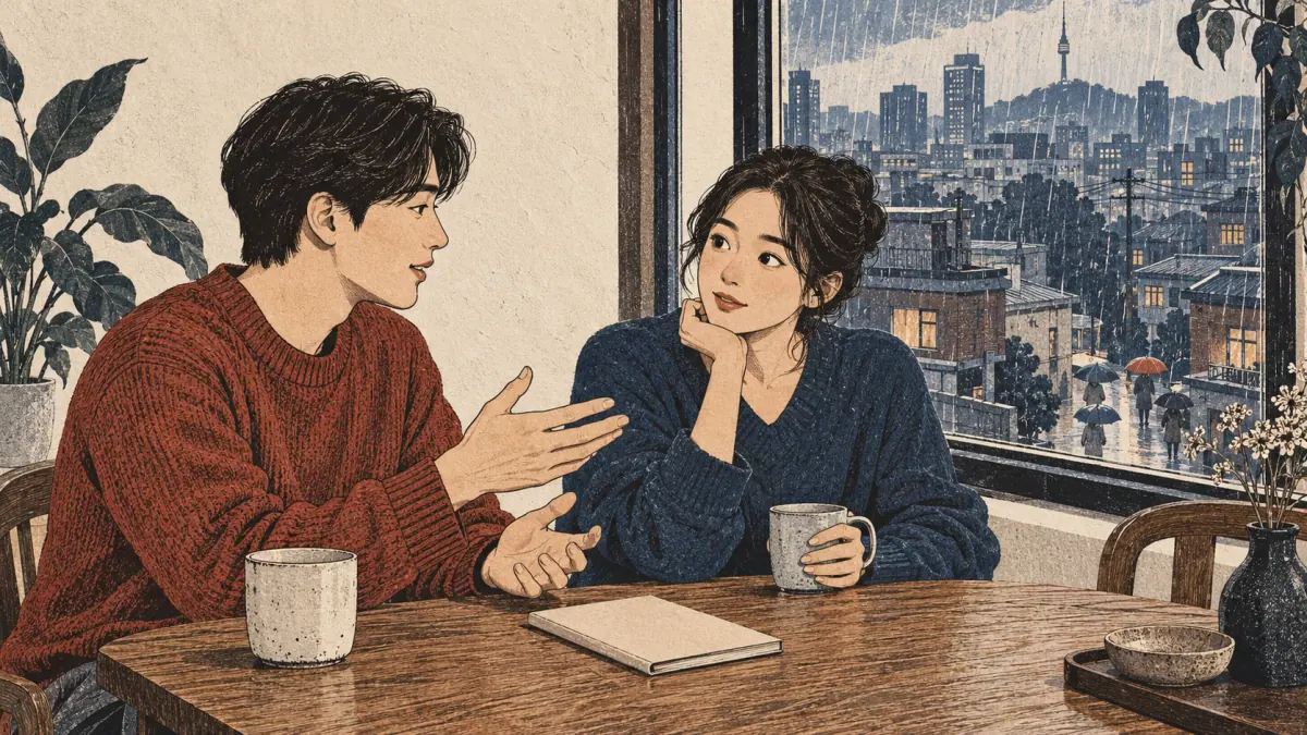 Two adults share a calm realization as rain falls outside a Seoul café window.