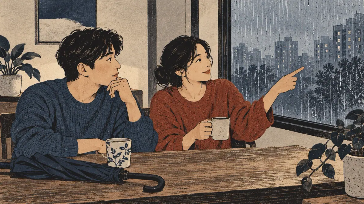 A learner calmly realizes it is raining when a companion points toward a wet window.