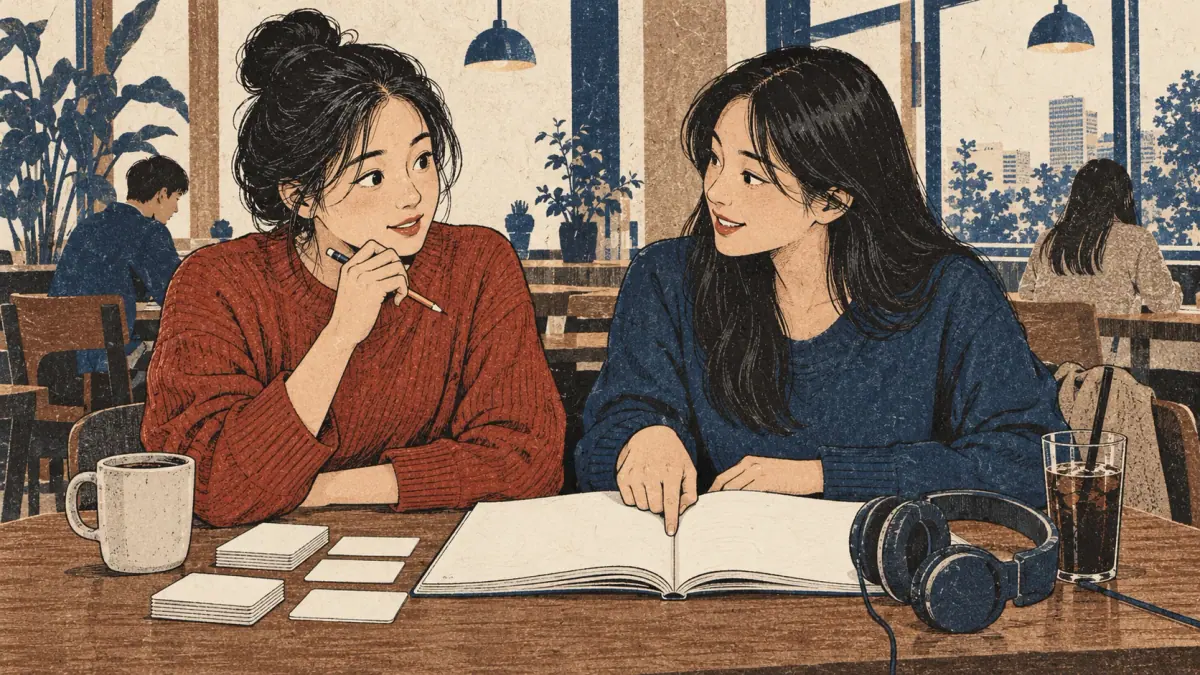 A learner discovers that her friend studies Korean by noticing study materials.