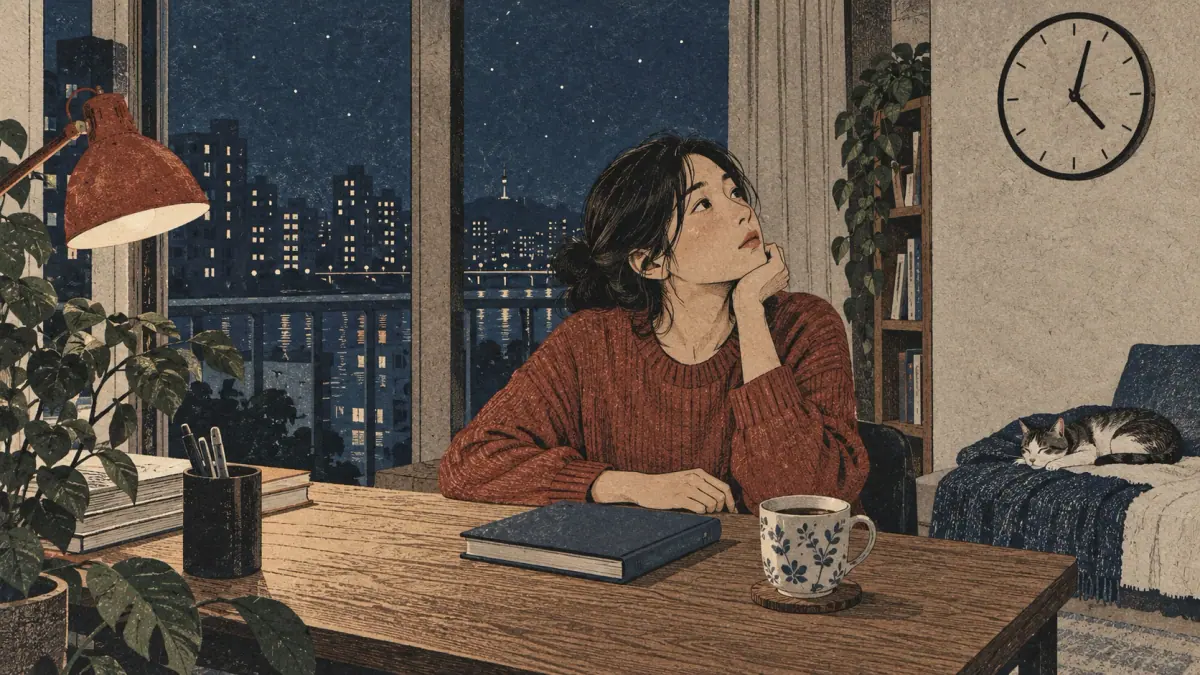 An adult pauses over a book and realizes it is already late at night.