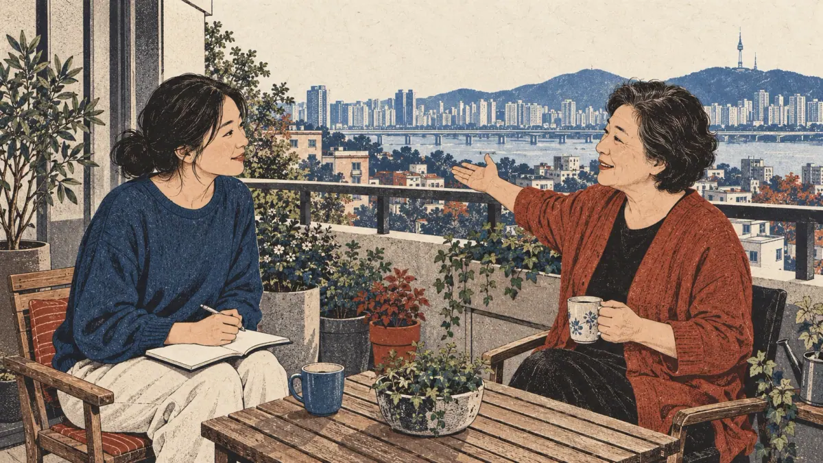 A learner respectfully reacts to an older teacher explaining that they live in Korea.