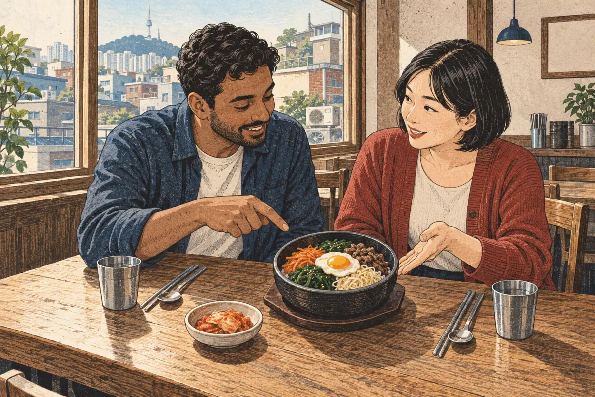 A learner asks a Korean friend what a bowl of bibimbap is called at a Seoul restaurant.