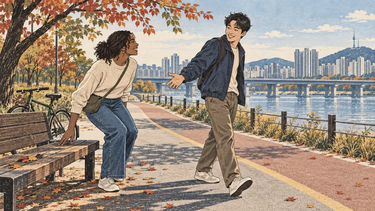 One friend invites another to go together along a Seoul riverside path.