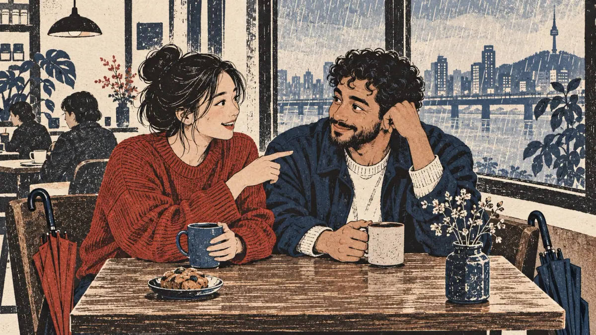Two friends share a knowing reminder in a Seoul café beside a rainy window.
