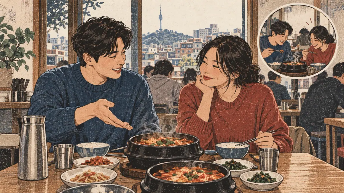 Friends recall a shared meal while one gently reminds the other of a familiar restaurant.