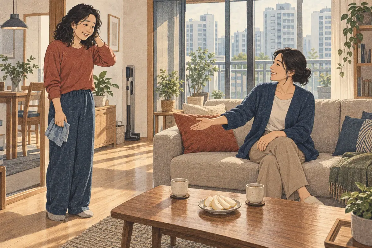 A Korean host invites her relieved guest to relax instead of helping clean the apartment.
