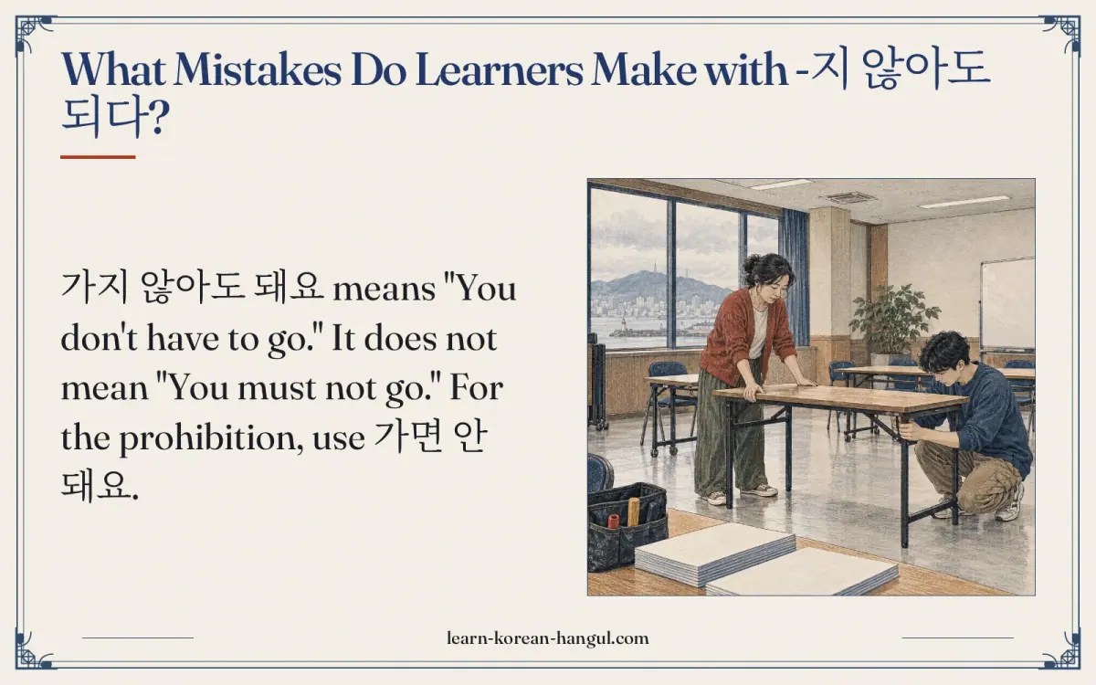What mistakes do learners make with -지 않아도 되다?