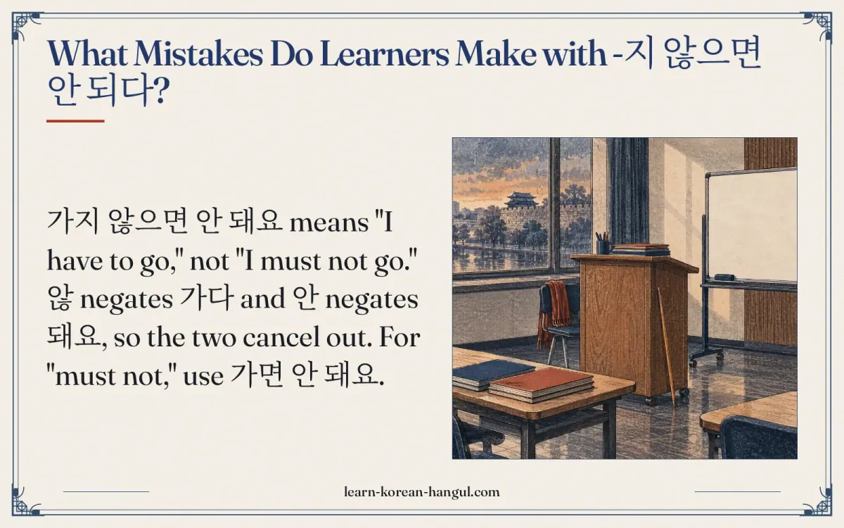 What mistakes do learners make with -지 않으면 안 되다?