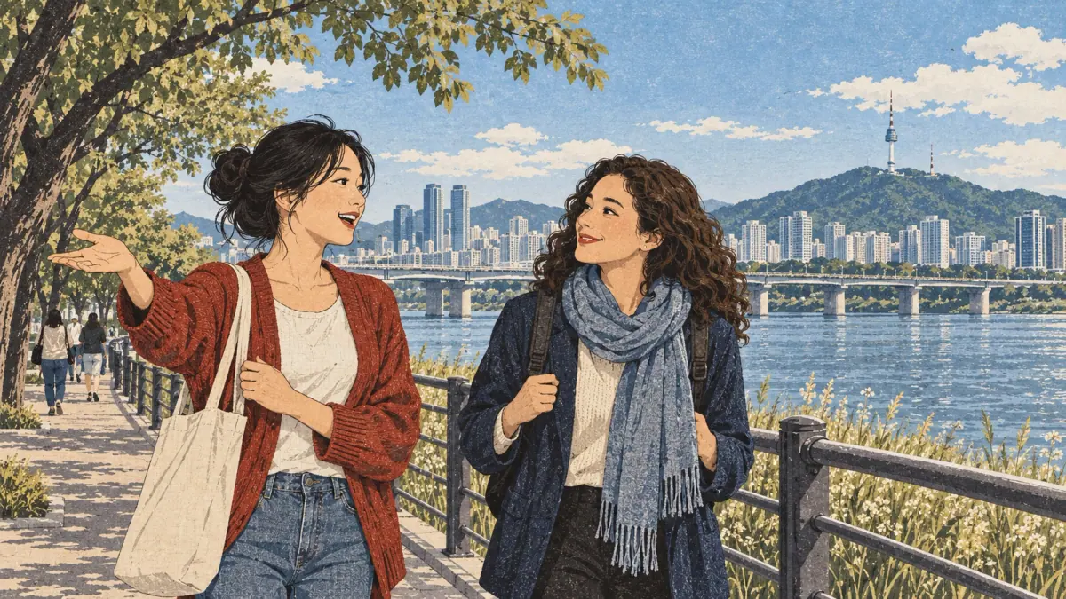 Two adult friends agree about the pleasant weather on a Seoul riverside path.