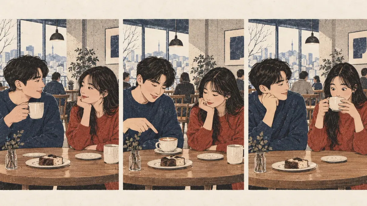 Three café moments show agreement, a reminder and a new discovery.