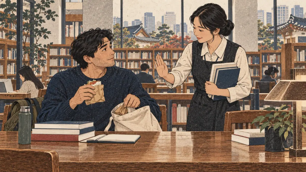 A Korean librarian gently stops a learner from eating at a library reading desk.